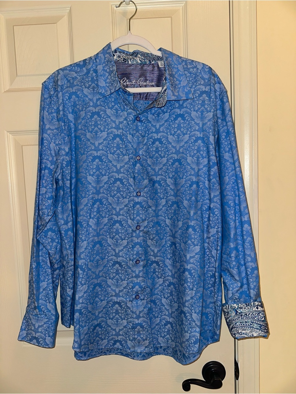 Robert Graham Blue Damask-Pattern Long Sleeve Button Shirt
